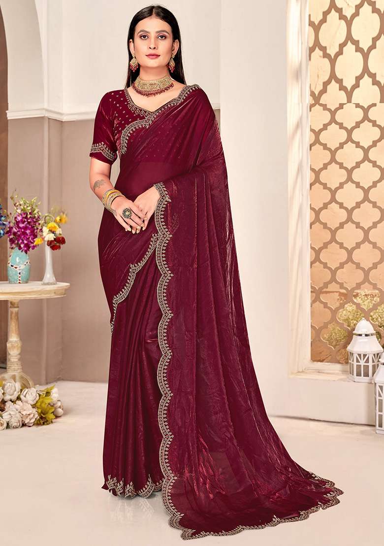 Wine Embroidered Fendi Satin Silk Blend Two Ton Saree Set for Diwali and Festive Wear - Indya