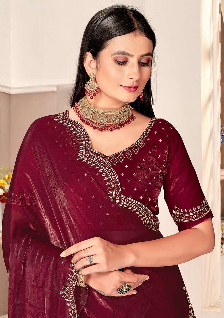 Wine Embroidered Fendi Satin Silk Blend Two Ton Saree Set for Diwali and Festive Wear - Indya