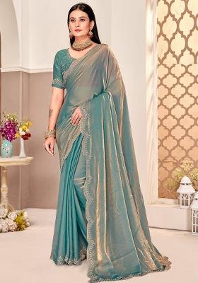 Rama Embroidered Fendi Satin Silk Blend Two Ton Saree Set