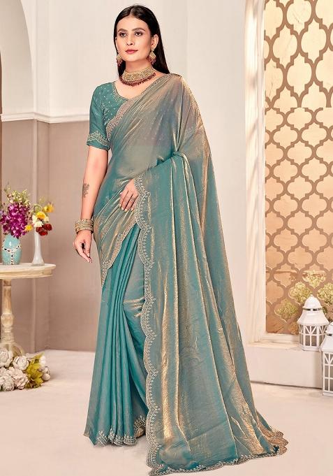 Rama Embroidered Fendi Satin Silk Two Ton Saree Set