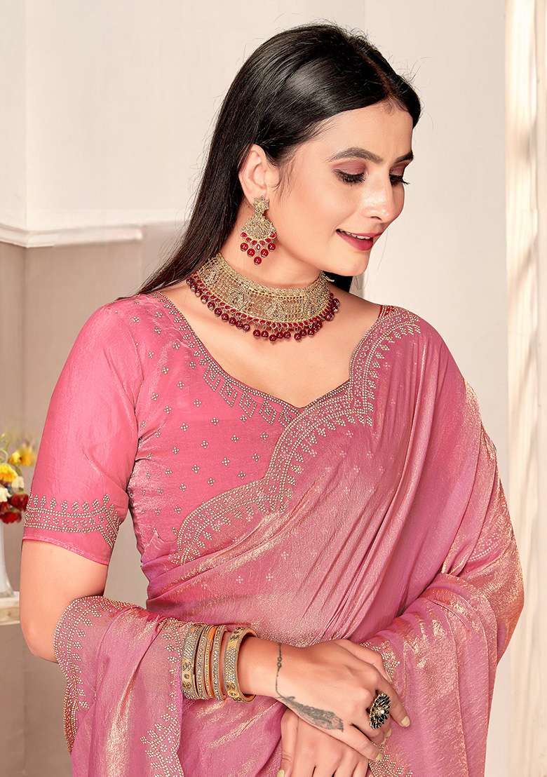 Dusty Pink Fendi Blend Two Ton Satin Silk Saree Set with Embroidered for Diwali | Wedding & Festive Wear - Indya