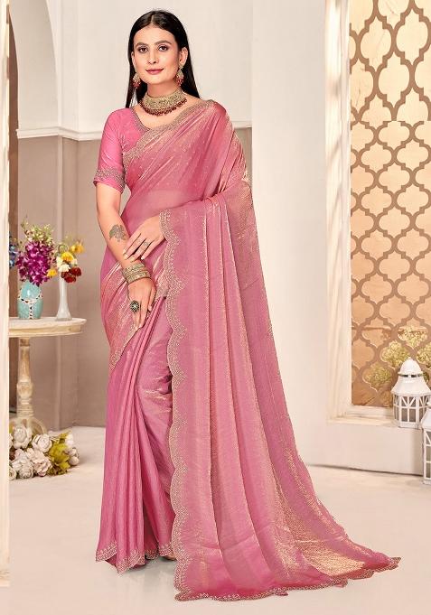 Dusty Pink Embroidered Fendi Satin Silk Two Ton Saree Set