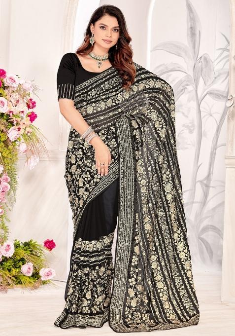 Black Embroidered Gorgette Saree Set