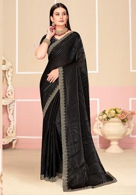 Black Embroidered Fendi Satin Silk Two Ton Saree Set