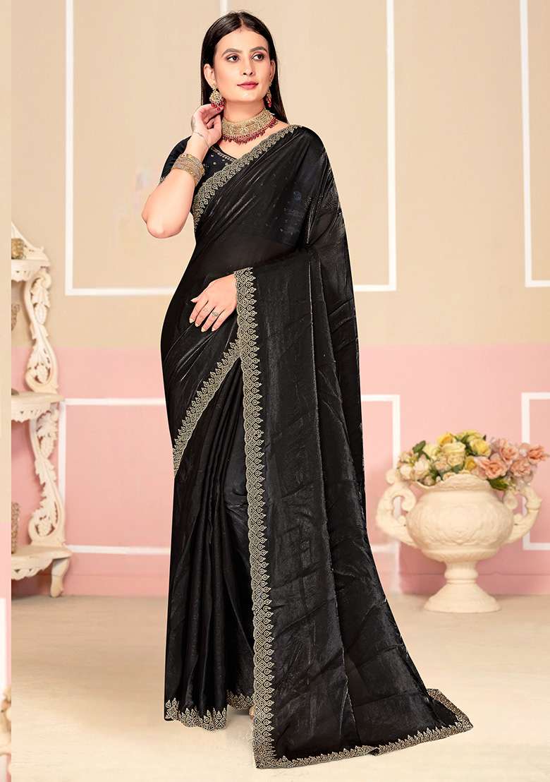 Black Fendi Blend Two Ton Satin Silk Saree Set with Embroidered for Diwali | Wedding & Festive Wear - Indya