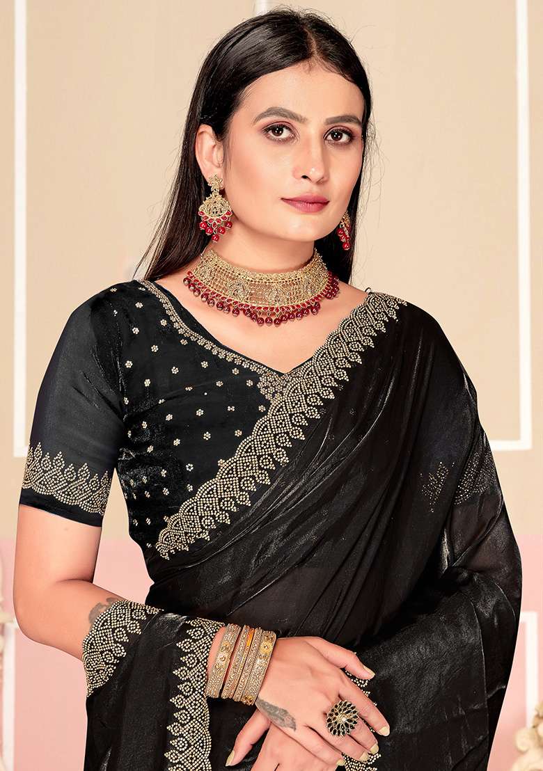 Black Fendi Blend Two Ton Satin Silk Saree Set with Embroidered for Diwali | Wedding & Festive Wear - Indya