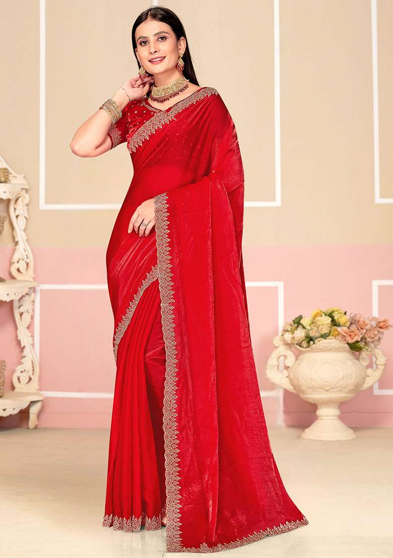 Red Fendi Blend Two Ton Satin Silk Saree Set with Embroidered for Diwali | Wedding & Festive Wear - Indya