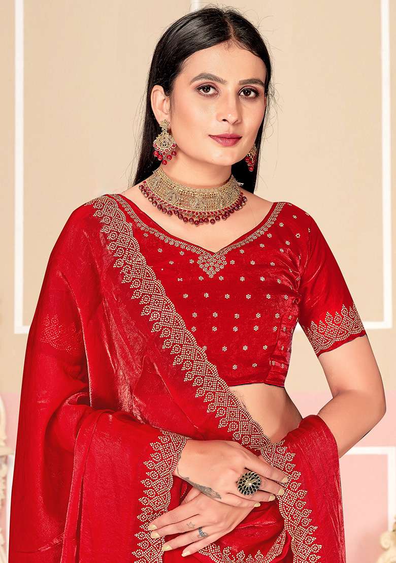 Red Fendi Blend Two Ton Satin Silk Saree Set with Embroidered for Diwali | Wedding & Festive Wear - Indya
