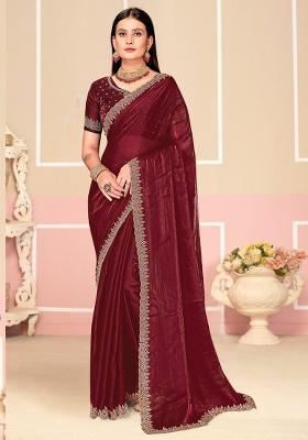 Wine Embroidered Fendi Satin Silk Two Ton Saree Set