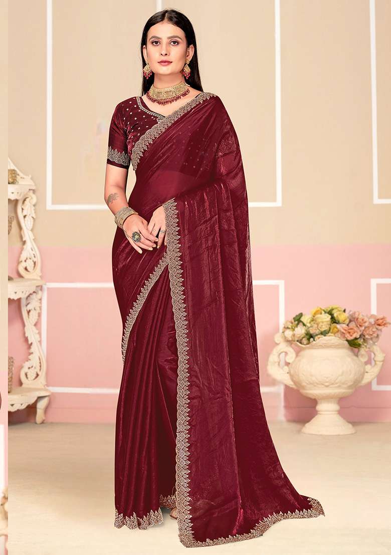 Wine Embroidered Fendi Satin Silk Blend Two Ton Saree Set for Diwali and Festive Wear - Indya