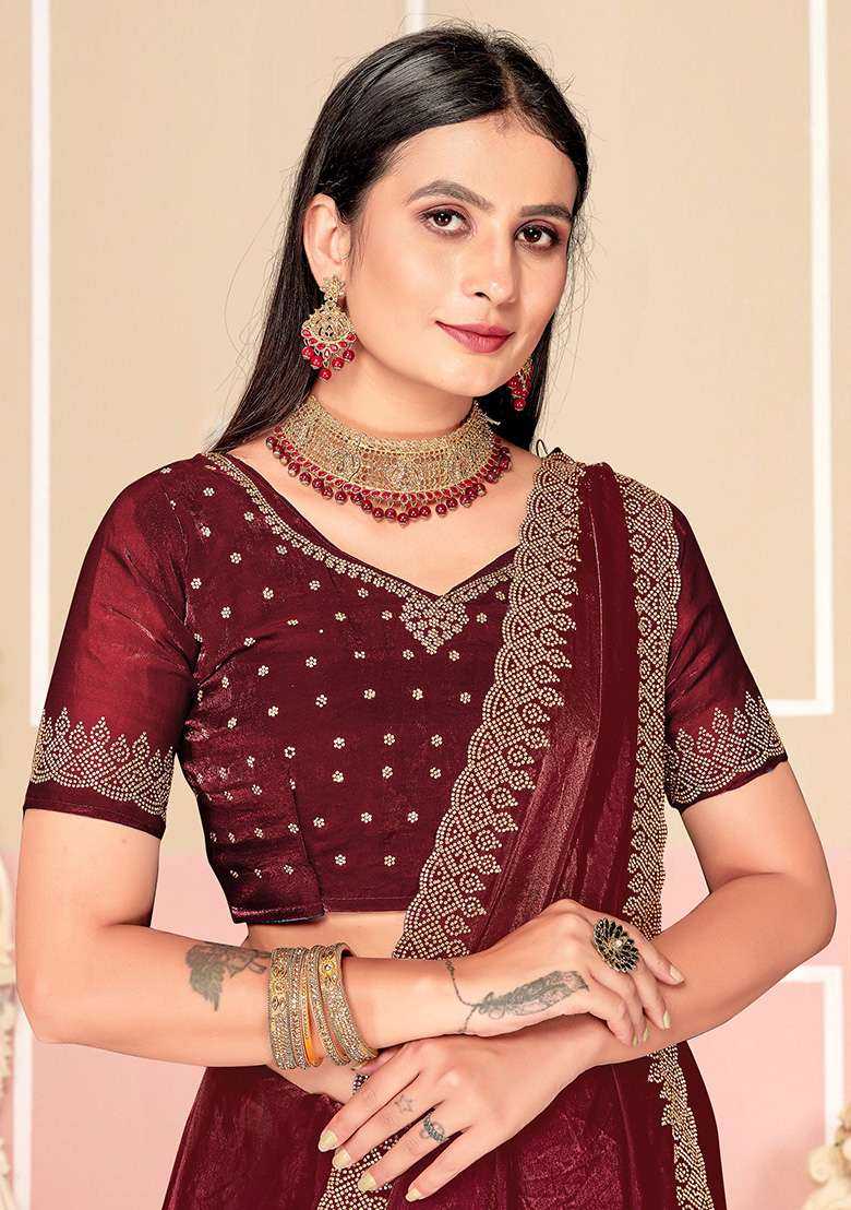 Wine Embroidered Fendi Satin Silk Blend Two Ton Saree Set for Diwali and Festive Wear - Indya