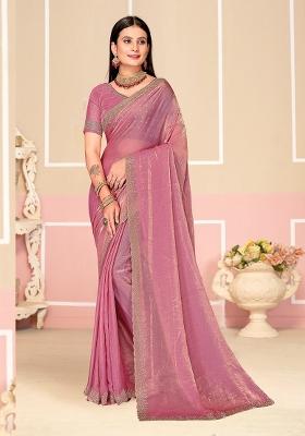 Dusty Pink Embroidered Fendi Satin Silk Two Ton Saree Set