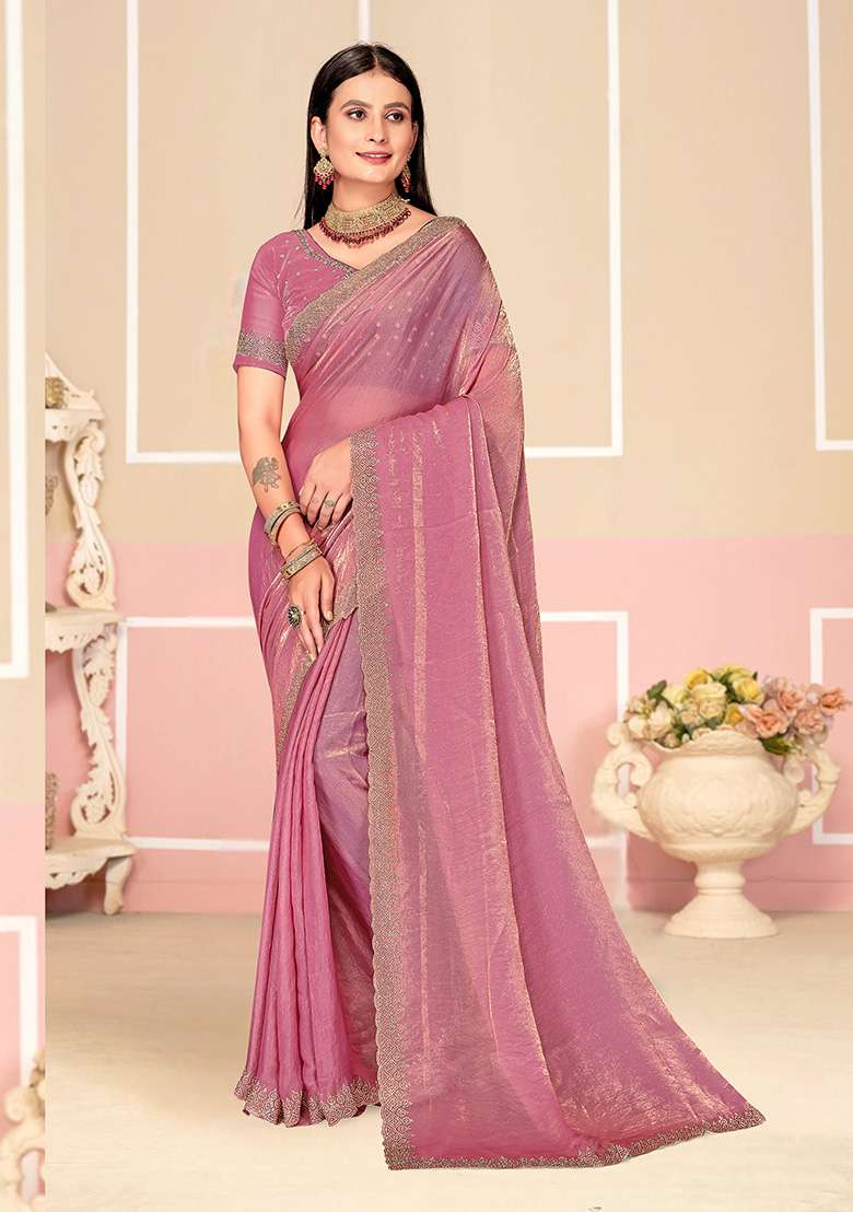 Dusty Pink Fendi Blend Two Ton Satin Silk Saree Set with Embroidered for Diwali | Wedding & Festive Wear - Indya