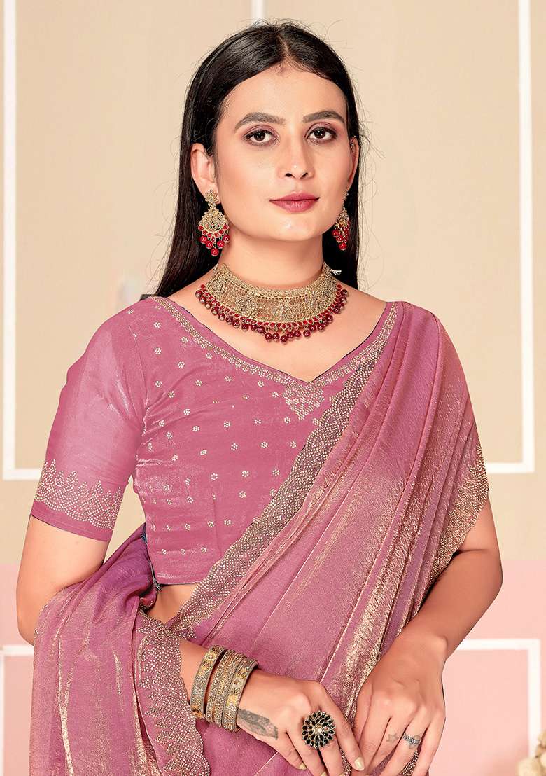 Dusty Pink Fendi Blend Two Ton Satin Silk Saree Set with Embroidered for Diwali | Wedding & Festive Wear - Indya
