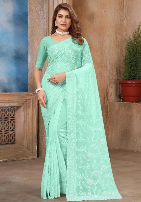 Sky Embroidered Gorgette Saree Set