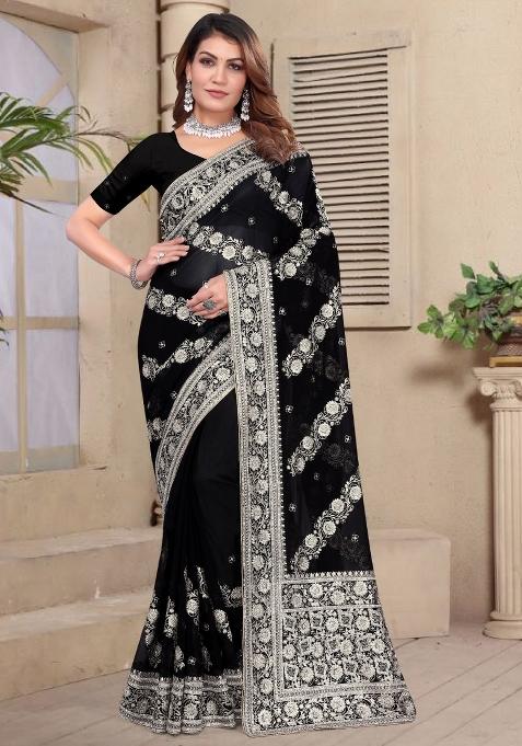 Black Embroidered Gorgette Saree Set