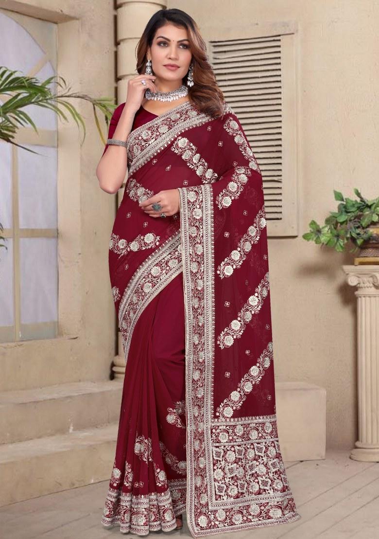 Maroon Embroidered Gorgette Saree Set