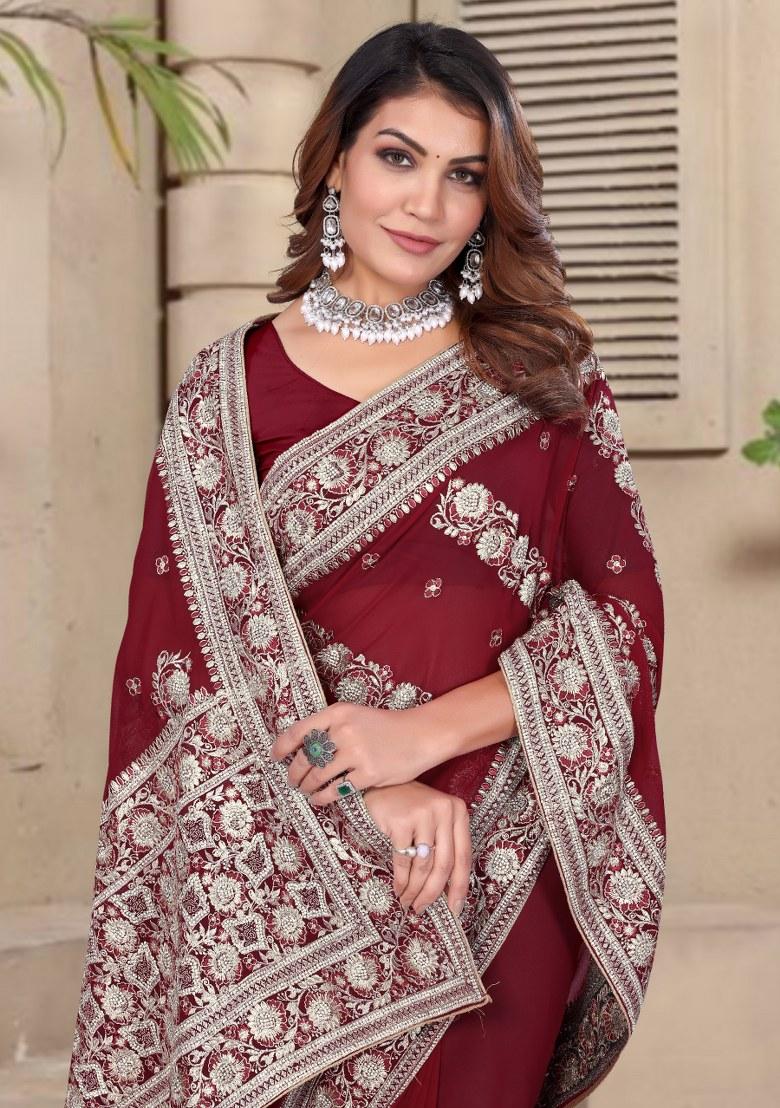 Maroon Embroidered Gorgette Saree Set