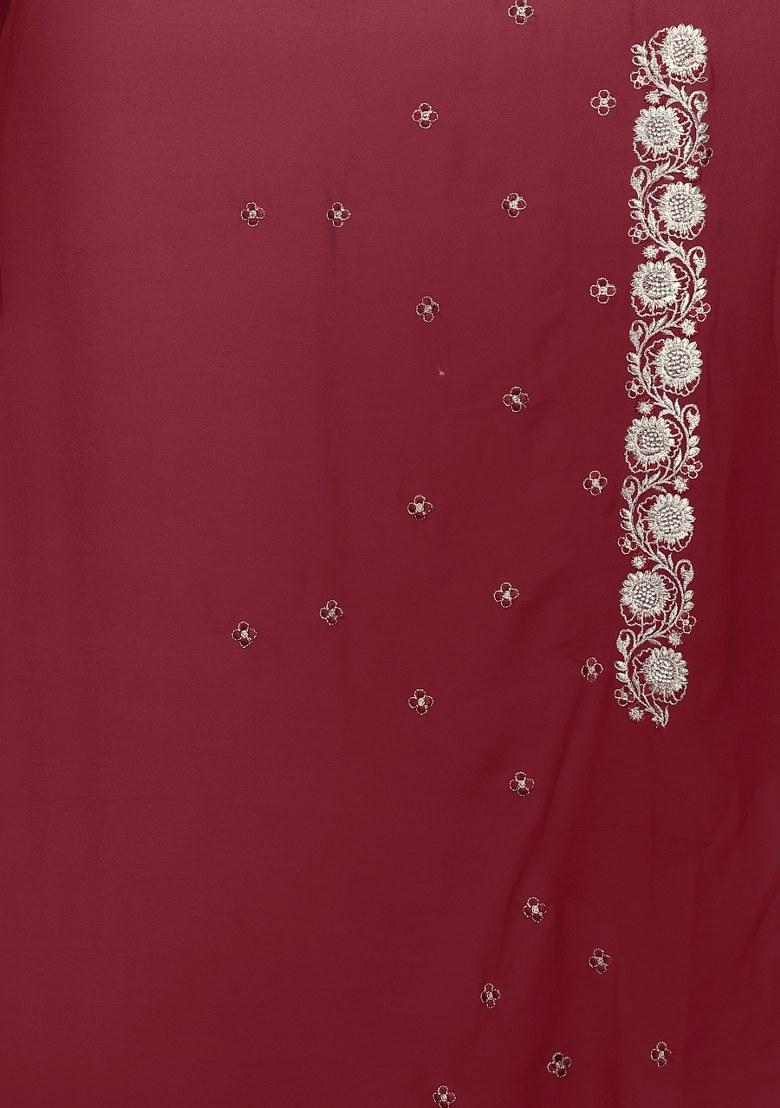 Maroon Embroidered Gorgette Saree Set