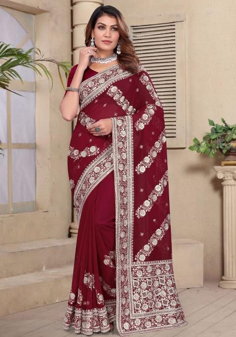 Maroon Embroidered Gorgette Saree Set