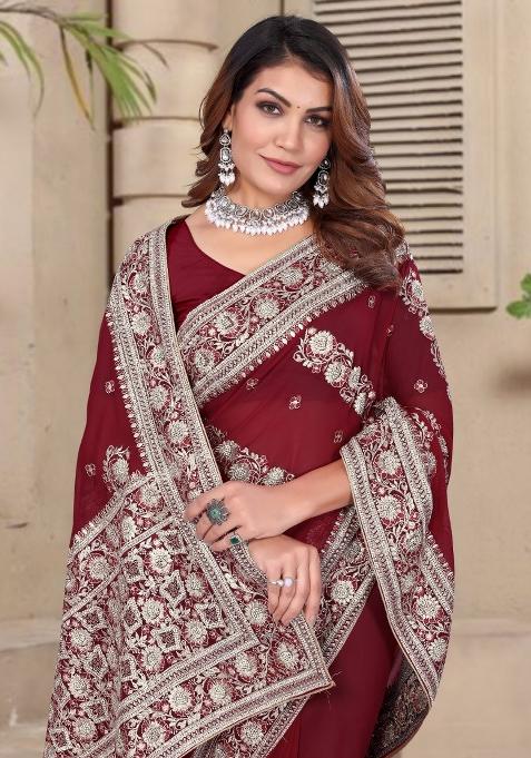 Maroon Embroidered Gorgette Saree Set
