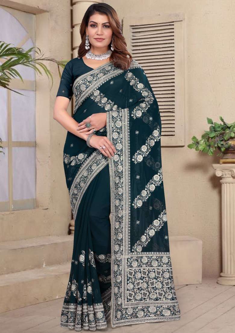 Morpeach Embroidered Gorgette Saree Set - Indya