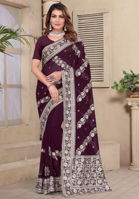 Wine Embroidered Gorgette Saree Set