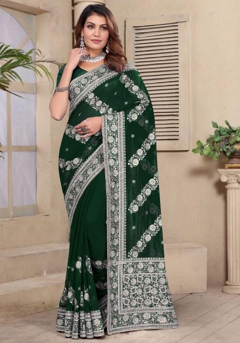 Botel Green Embroidered Gorgette Saree Set