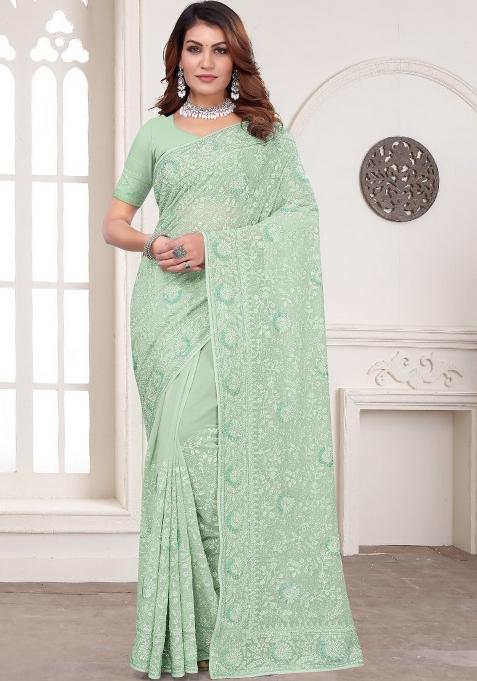 Dusty Pista Embroidered Gorgette Saree Set