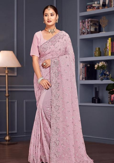 Lavender Embroidered Gorgette Saree Set
