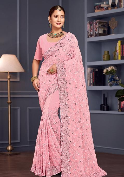 Pink Embroidered Gorgette Saree Set