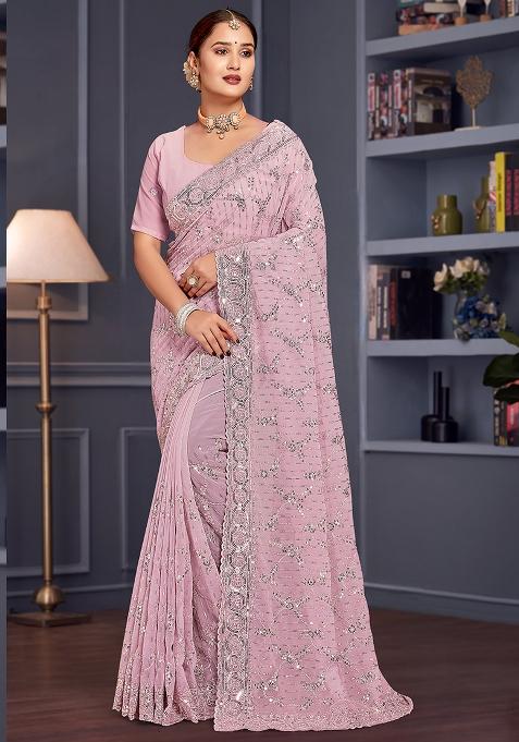 Lavender Embroidered Gorgette Saree Set