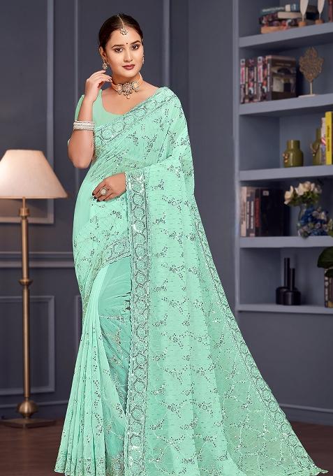 C Green Embroidered Gorgette Saree Set