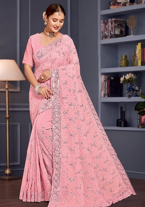 Pink Embroidered Gorgette Saree Set