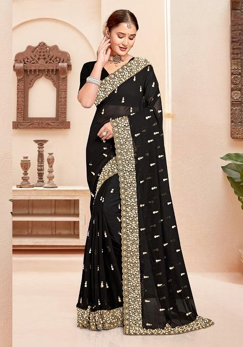 Black Embroidered Gorgette Saree Set