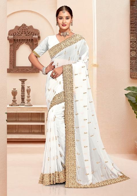 White Embroidered Gorgette Saree Set