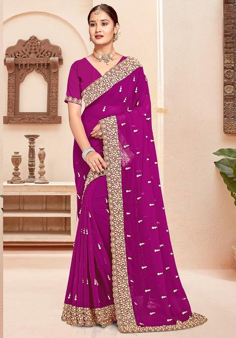 Wine Embroidered Gorgette Saree Set