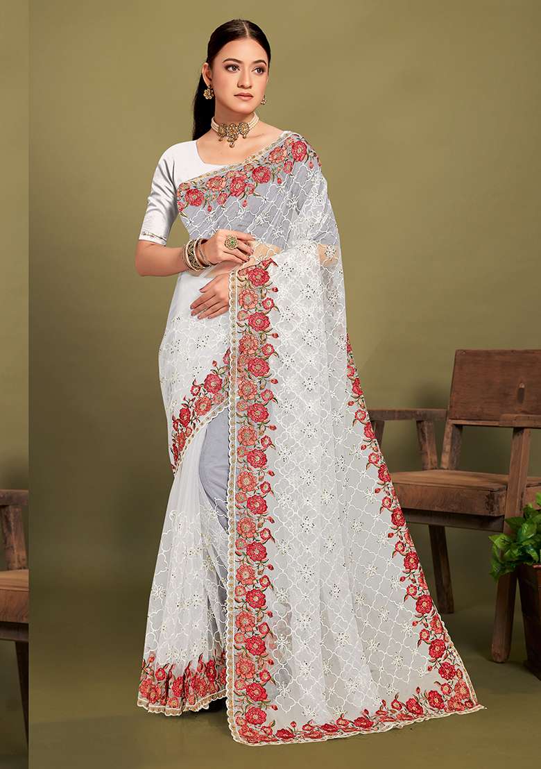 White Embroidered Net Saree Set for Diwali and Festive Wear - Indya
