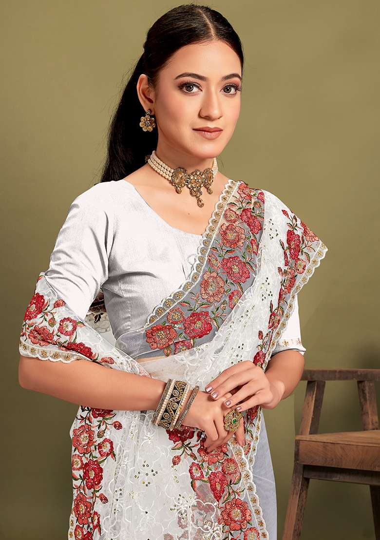 White Embroidered Net Saree Set for Diwali and Festive Wear - Indya
