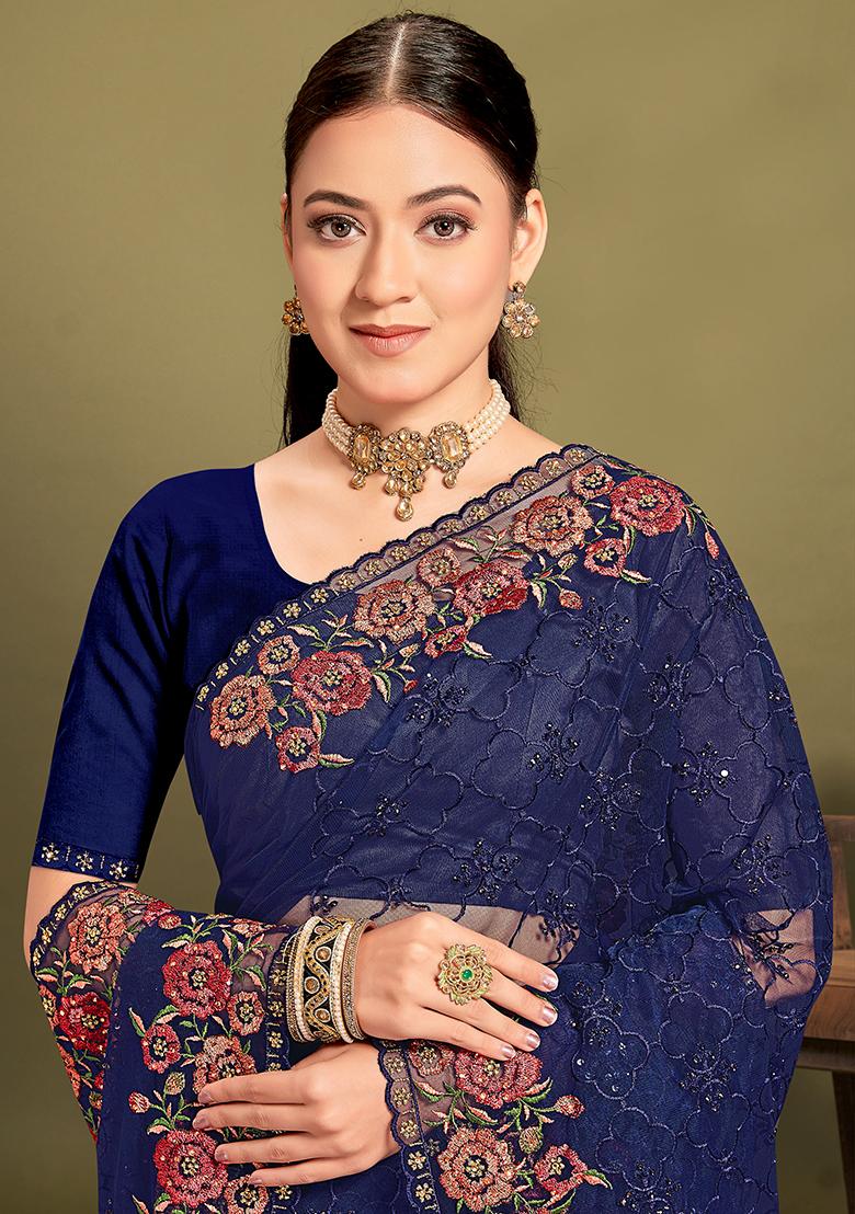 Navy Embroidered Net Saree Set