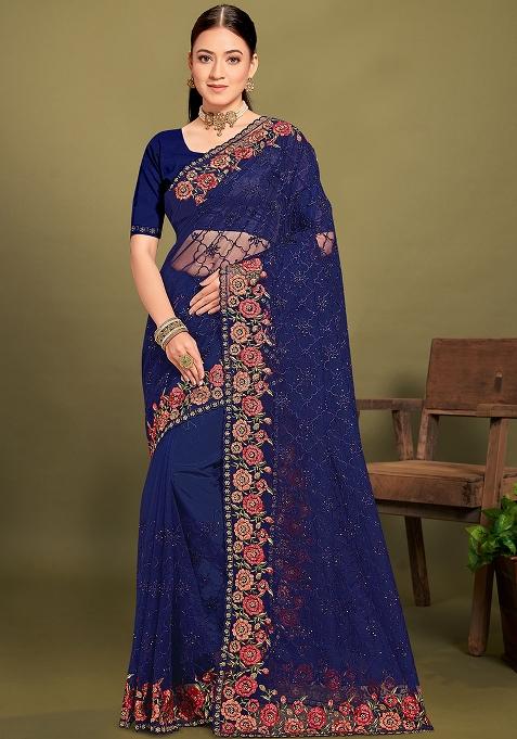 Navy Embroidered Net Saree Set