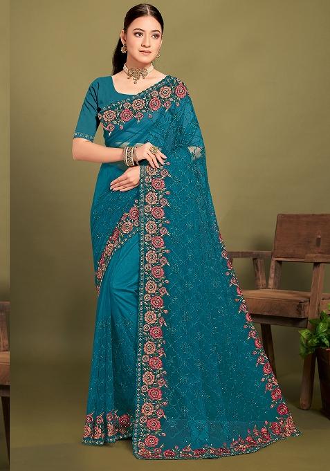 Morpeach Embroidered Net Saree Set