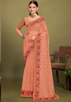 Dusty Peach Embroidered Net Saree Set