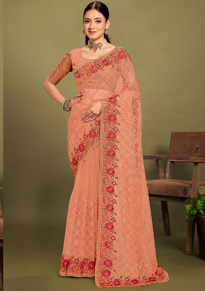 Dusty Peach Embroidered Net Saree Set for Diwali and Festive Wear - Indya