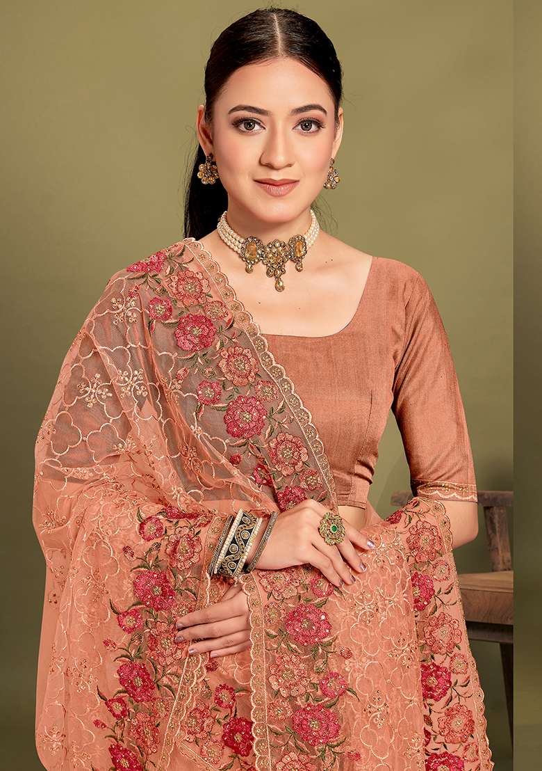 Dusty Peach Embroidered Net Saree Set for Diwali and Festive Wear - Indya