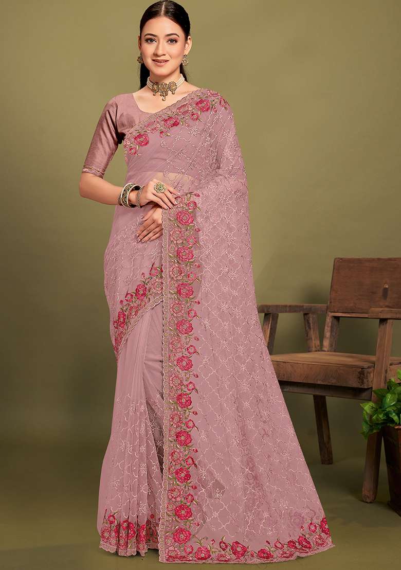 Lavender Net Saree Set with Embroidered for Diwali | Wedding & Festive Wear - Indya
