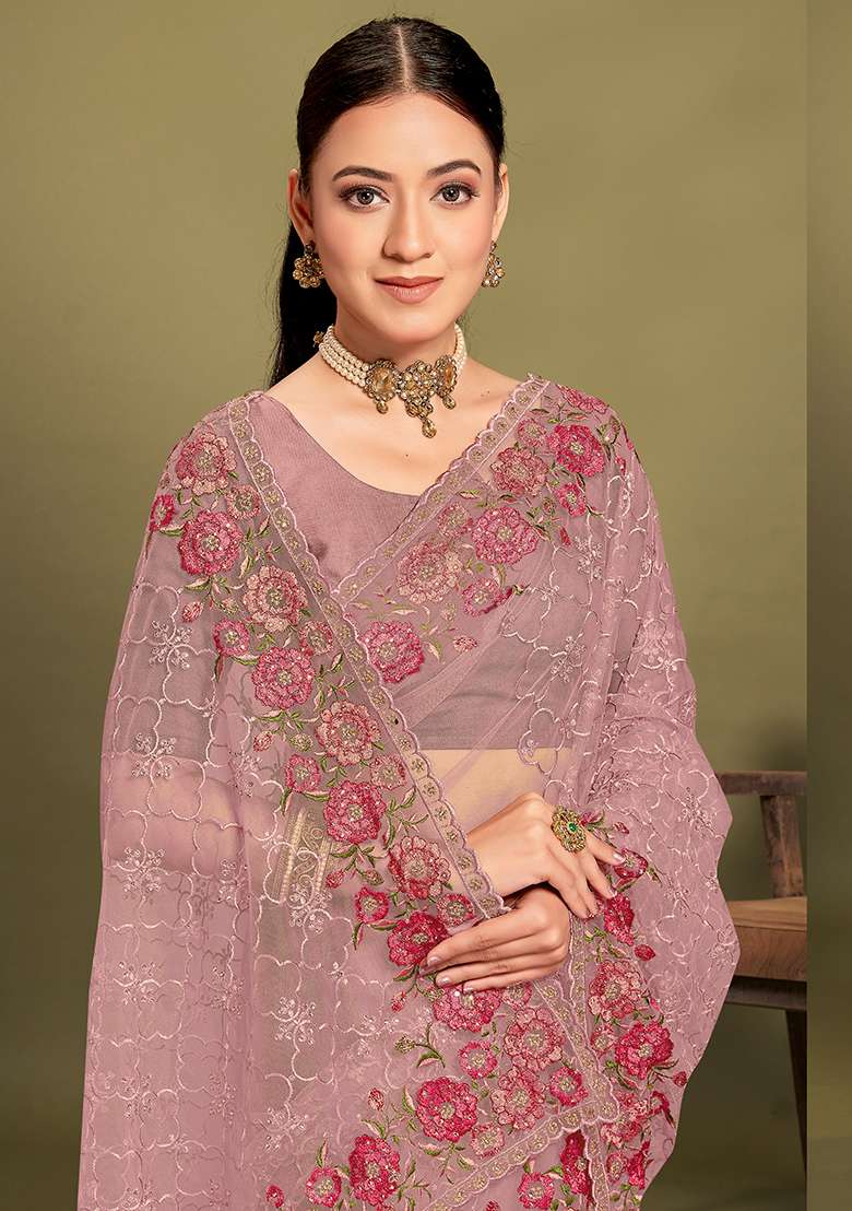 Lavender Net Saree Set with Embroidered for Diwali | Wedding & Festive Wear - Indya