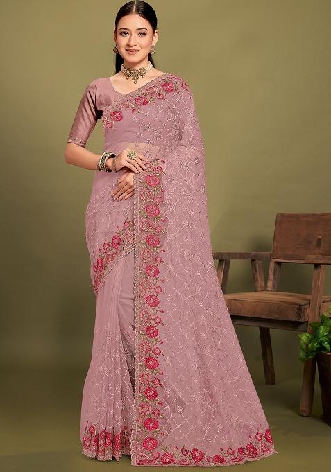 Lavender Embroidered Net Saree Set
