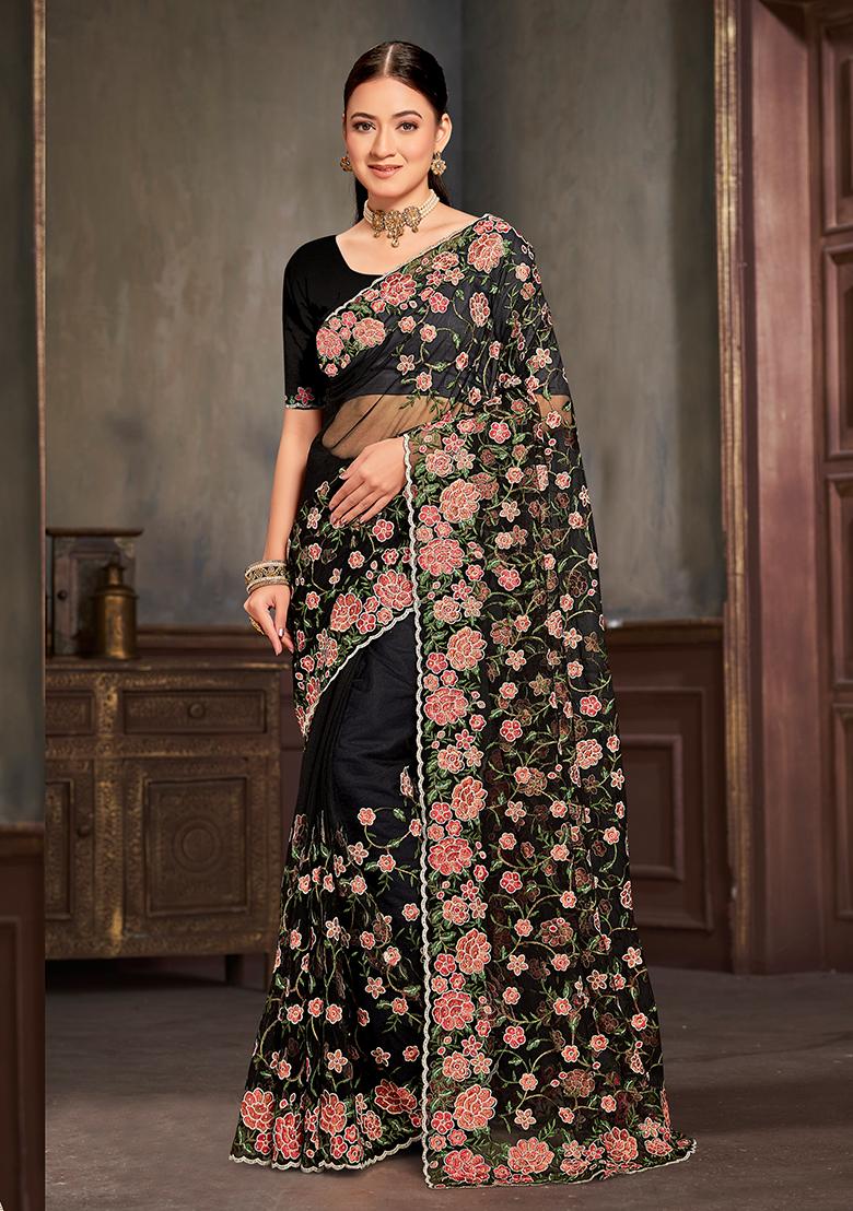 Black Embroidered Net Saree Set