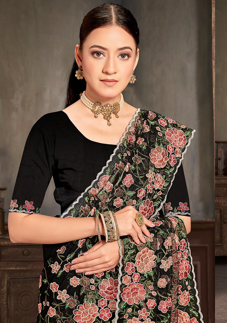 Black Embroidered Net Saree Set